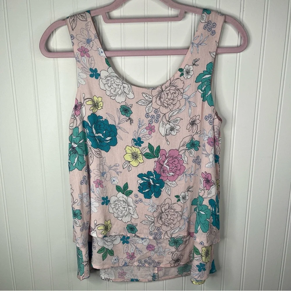 Willow Root Pink Floral Button Front Peplum Tank Scoop Neck Sleeveless Boho Top - Picture 4 of 4
